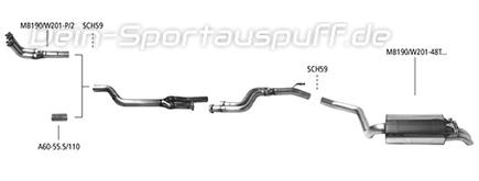 Bastuck Edelstahl Racing-Komplettanlage Mercedes-Benz 190 Typ W201 2.0l 2.3l 8V (Mod. ohne Kat) 2x48mm rund Dieseloptik nach unten gebogen