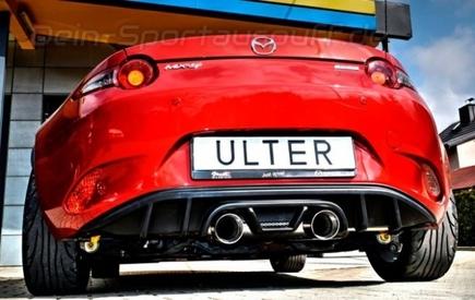Ulter Edelstahl Sportauspuff-Komplettanlage ab Kat mit optionaler Klappensteuerung + Heckdiffusor Mazda MX5 ND 2x90mm rund eingerollt abgeschrägt mit Absorber