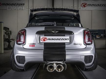 Ragazzon Edelstahl Mittig Sportauspuff mit Klappensteuerung Mini F56 JCW 3-Tür 2x129mm rund eingerollt abgeschrägt