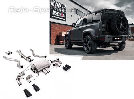 Milltek Edelstahl Duplex Sportauspuff-Komplettanlage ab OPF Land Rover Defender 2 90 5.0l P525 Typ L663 je 2x90mm rund doppelwandig abgeschrägt schwarz