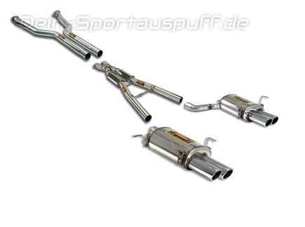 Supersprint Edelstahl Duplex Sportauspuff-Komplettanlage ab Krümmer BMW E60 Limousine M5 je 2x90mm rund eingerollt abgeschrägt
