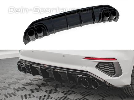 Maxton Heckeinsatz Diffusor schwarz glanz mit schwarzen Endrohr-Attrappen in S3-Optik für Audi A3 8Y Sportback S-Line