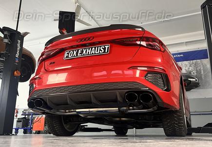 Fox Edelstahl Duplex Sportauspuff-Komplettanlage ab OPF Audi S3 Limousine 8Y je 2x115x85mm oval eingerollt abgeschrägt schwarz