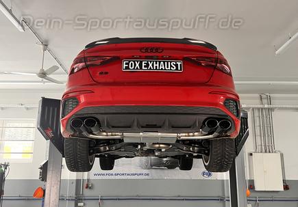 Fox Edelstahl Duplex Sportauspuff-Komplettanlage ab OPF Audi S3 Limousine 8Y je 2x106x71mm oval eingerollt abgeschrägt schwarz