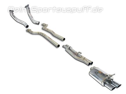 Supersprint Edelstahl Racing-Komplettanlage ab Krümmer inkl. Kat-Ersatz Mercedes E-Klasse W210 E430 E55 AMG 2x100x75mm oval eingerollt abgeschrägt