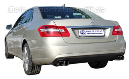 Fox Edelstahl Duplex Racing-Komplettanlage ab Kat Mercedes E-Klasse W212 E500 5.5l ab 2009 2x78x75mm rechteckig eingerollt abgeschrägt mit Absorber