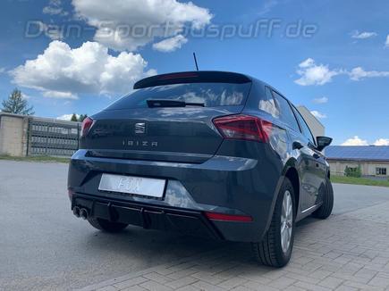 FOX Edelstahl Sportauspuff-Komplettanlage ab Kat Seat Ibiza 6F 1.0l für Serien- und Rieger-Heckeinsatz 2x80mm rund doppelwandig abgeschrägt