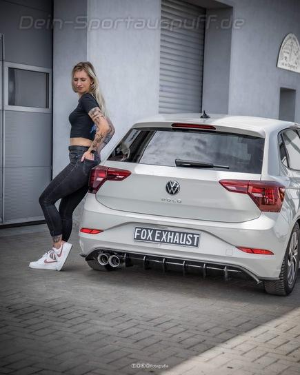 FOX Edelstahl Sportauspuff-Komplettanlage ab OPF VW Polo AW 1.0 TSI Facelift 2x90mm rund doppelwandig abgeschrägt