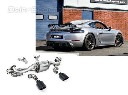 Milltek Edelstahl Sportauspuff-Komplettanlage ab OPF Porsche Cayman GT4 Typ 718 2x115mm rund doppelwandig abgeschrägt in schwarz (ab 02/2020 mit PDK)