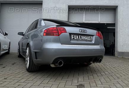 Fox Edelstahl Duplex Sportauspuff-Komplettanlage ab Kat Audi A4 B7 quattro Typ 8E Limousine/Avant DTM-Edition je 90mm rund doppelwandig abgeschrägt