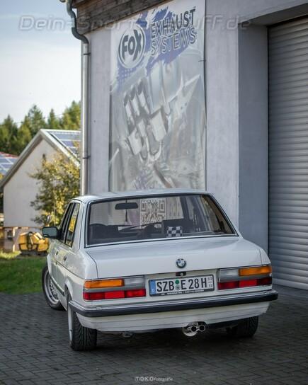Fox Edelstahl Sportauspuff-Komplettanlage ab Krümmer BMW 5er E28 518i (Mod. ohne Kat) 2x55mm rund scharf gerade