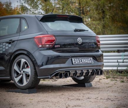 FOX Edelstahl Duplex Racing-Komplettanlage ab Kat VW Polo 6 GTI Typ AW je 2x100mm rund doppelwandig abgeschrägt in schwarz