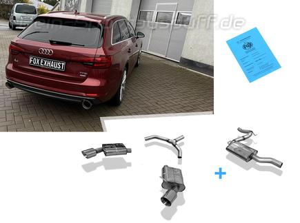 FOX Edelstahl Duplex Sportauspuff-Komplettanlage ab VSD Audi A4 B9 8W 2.0 TFSI Frontantrieb je 114mm rund doppelwandig abgeschrägt