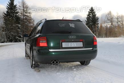 Fox Edelstahl Sportauspuff-Komplettanlage ab Kat Audi A6 4B Typ C5 Limousine u. Avant 2x76mm rund eingerollt gerade mit Absorber (Mod. mit Doppelkat)