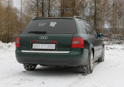 Fox Edelstahl Racing-Komplettanlage ab Kat Audi A6 4B Typ C5 Limousine u. Avant ohne Stoßstangenausschnitt 2x76mm rund eingerollt (Mod. mit Doppelkat)