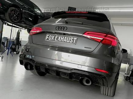 FOX Edelstahl Duplex Sportauspuff-Komplettanlage ab OPF Audi A3 8V Sportback 2.0l quattro je 160x130mm oval seitlich abgeschrägt in schwarz