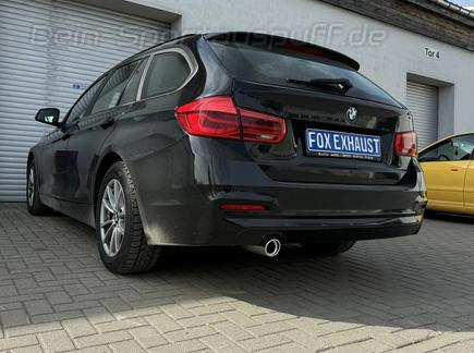 Fox Edelstahl Racing-Komplettanlage ab Kat BMW 3er F30 F31 318i 80mm rund eingerollt abgeschrägt mit Absorber