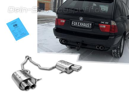 Fox Edelstahl Duplex Sportauspuff-Komplettanlage ab Kat BMW X5 E53 4.4l 286PS je 2x80mm rund doppelwandig abgeschrägt