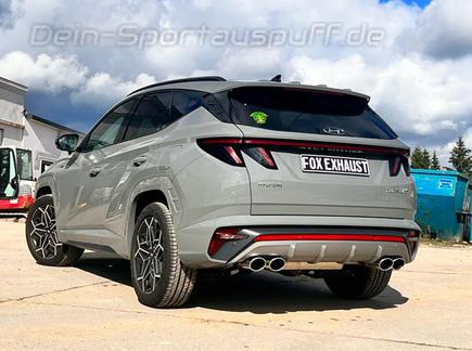 Fox Edelstahl Duplex Sportauspuff-Komplettanlage ab OPF Hyundai Tucson 4 Hybrid Typ NX4 je 2x115x85mm oval eingerollt abgeschrägt (Mod. mit großer Batterie)