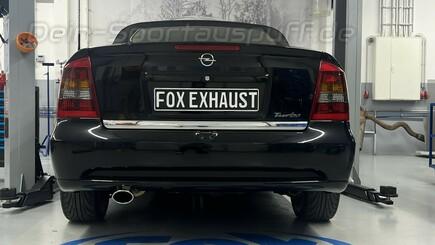 Fox Edelstahl Racing-Komplettanlage ab Kat Opel Astra G Coupe u. Cabrio Turbo 1x115x85mm oval eingerollt abgeschrägt