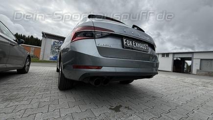 Fox Edelstahl Sportauspuff Skoda Superb 3V 2.0 TDI 4x4 2x90mm rund doppelwandig abgeschrägt in schwarz matt