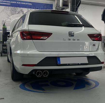 FOX Edelstahl Ø63,5mm Sportauspuff-Komplettanlage ab OPF Seat Leon 5F ST 1.5l TSI (Mod. mit Starrachse) 2x90mm rund doppelwandig abgeschrägt