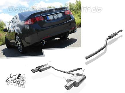 Fox Edelstahl Duplex Sportauspuff-Komplettanlage ab Kat Honda Accord 8 CU1/CW1 Limousine/Tourer ab 2008 je 100mm rund eingerollt abgeschrägt mit Absorber Fox Edelstahl Duplex Sportauspuff-Komplettanlage ab Kat Honda Accord 8 CU1/CW1 Limousine/Tourer ab 2008 je 100mm rund eingerollt abgeschrägt mit Absorber