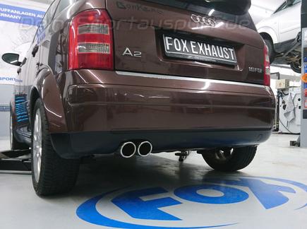 FOX Edelstahl Sportauspuff-Komplettanlage ab Kat Audi A2 1.2l TDI 1.4l TDI 2x80mm rund eingerollt abgeschrägt (Mod. mit 34l Tank) FOX Edelstahl Sportauspuff-Komplettanlage ab Kat Audi A2 1.2l TDI 1.4l TDI 2x80mm rund eingerollt abgeschrägt (Mod. mit 34l Tank)