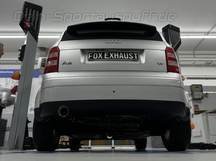 FOX Edelstahl Sportauspuff-Komplettanlage ab Kat Audi A2 1.2l TDI 1.4l TDI 1x90mm rund doppelwandig abgeschrägt (Mod. mit 34l Tank) FOX Edelstahl Sportauspuff-Komplettanlage ab Kat Audi A2 1.2l TDI 1.4l TDI 1x90mm rund doppelwandig abgeschrägt (Mod. mit 34l Tank)