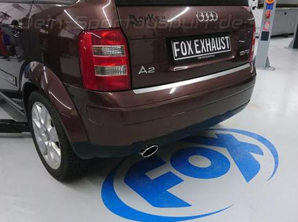 FOX Edelstahl Sportauspuff-Komplettanlage ab Kat Audi A2 1.2l TDI 1.4l TDI 115x85mm oval eingerollt abgeschrägt (Mod. mit 34l Tank) FOX Edelstahl Sportauspuff-Komplettanlage ab Kat Audi A2 1.2l TDI 1.4l TDI 115x85mm oval eingerollt abgeschrägt (Mod. mit 34l Tank)