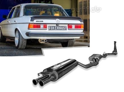Fox Edelstahl Sportauspuff-Komplettanlage Mercedes E-Klasse W123 230 E 2x50mm rund nach außen gerollt (Mod. ohne Kat)