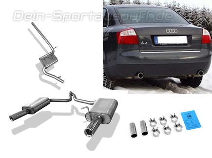 Fox Edelstahl Duplex Sportauspuff-Komplettanlage ab Kat Audi A4 B6 Typ 8E Limousine/Avant 1.9TDI 1x76mm rund eingerollt gerade mit Absorber